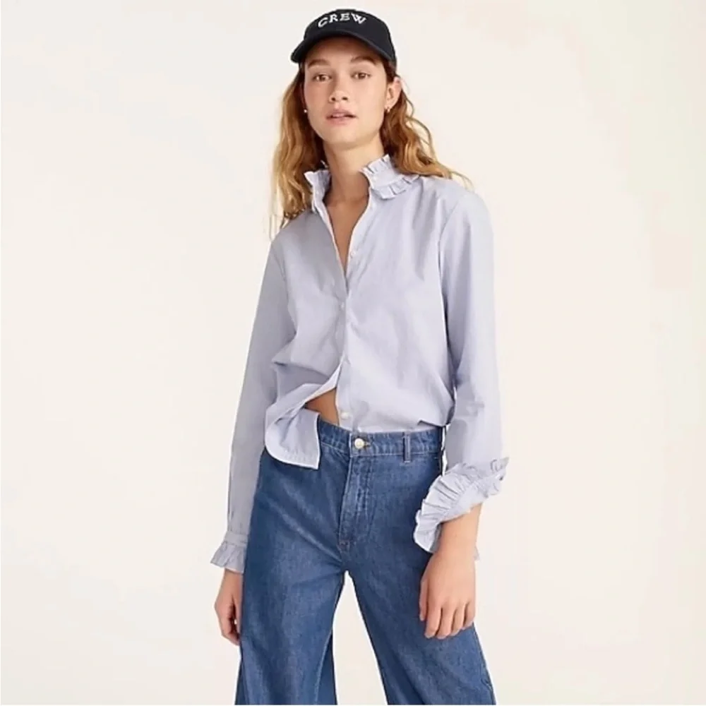 J. Crew Women's Blue and White Stripe Ruffle Button Down Shirt - Picture 2 of 9